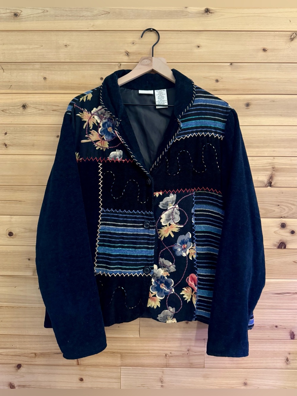Vintage 90s Large Patchwork Button Front Blazer Floral Art To Wear Eclectic Boho
